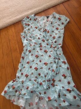 J crew Light Blue Floral Wrap Dress with Red Rose Print